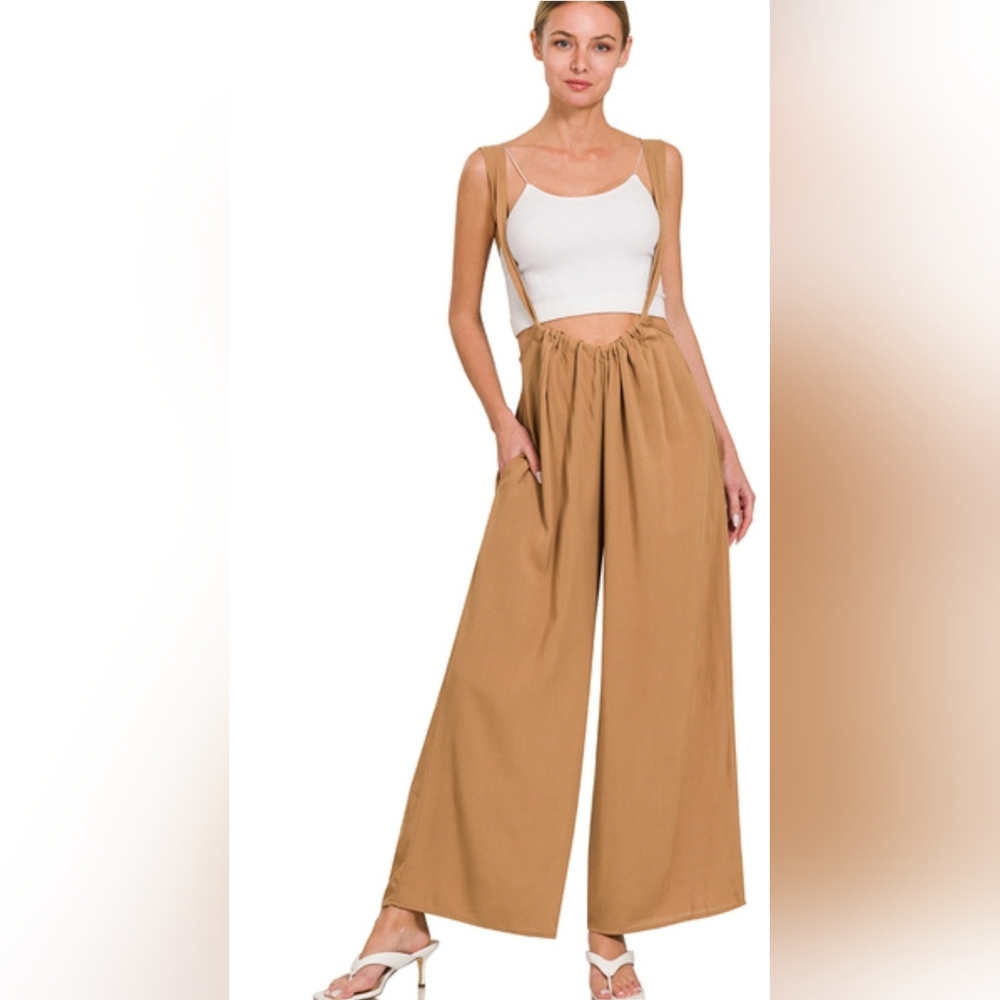 💥NEW Zenana WOVEN TIE BACK SUSPENDER JUMPSUIT W/POCKETS~ Camel~Sm, Med & Lg